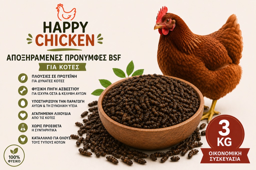Happy Chicken dried Black Soldier Fly larvae produced in Greece